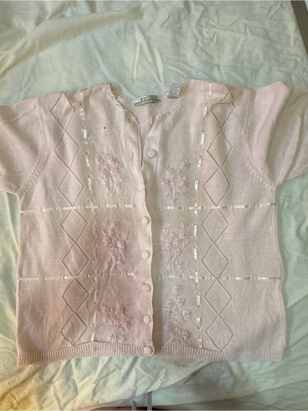 Vintage ChinaWear by Morsly 1X Pink Ramie Cotton Embroidered Knit Cardigan